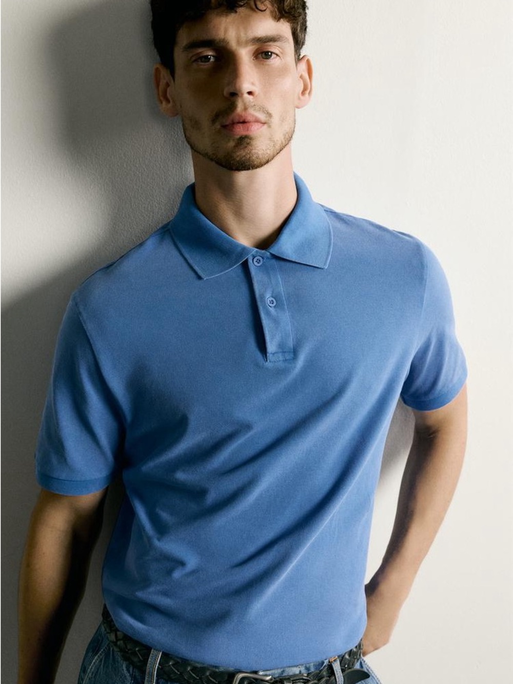 Zara Men’s Regular Fit Washed Pique Polo Shirt- Faded Blue